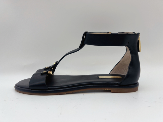 کفش‌های تخت زنانه با بند تی مشکی صندل‌های رومی چرم طبیعی Peep Toe Soft Nappa